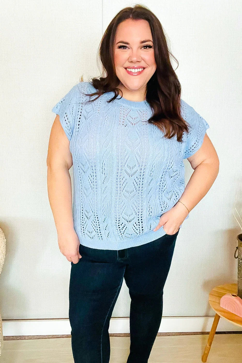 The Perfect Find Sky Blue Dolman Short Sleeve Crochet Sweater Top | Daverri Fashions