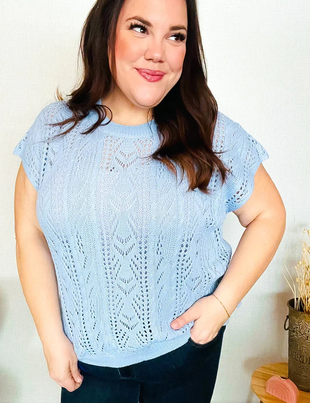 The Perfect Find Sky Blue Dolman Short Sleeve Crochet Sweater Top | Daverri Fashions