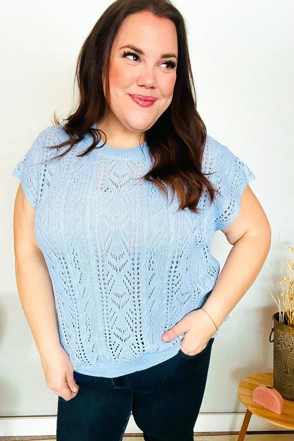 Bibi Blue Dolman Short Sleeve Pointelle Knit Sweater - DAVERRI FASHIONS