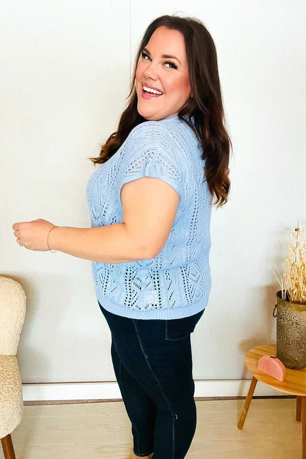 The Perfect Find Sky Blue Dolman Short Sleeve Crochet Sweater Top | Daverri Fashions