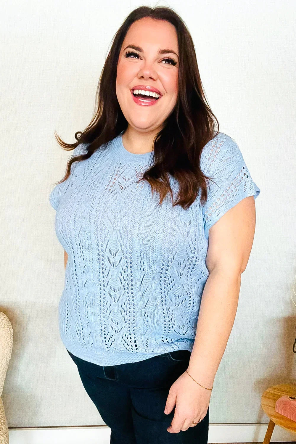 The Perfect Find Sky Blue Dolman Short Sleeve Crochet Sweater Top | Daverri Fashions