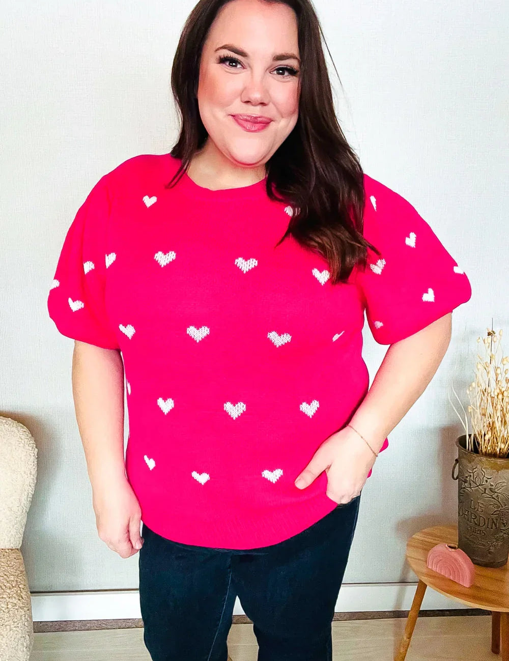 Be Mine Pink & White Heart Oversized Jacquard Sweater | Daverri Fashions