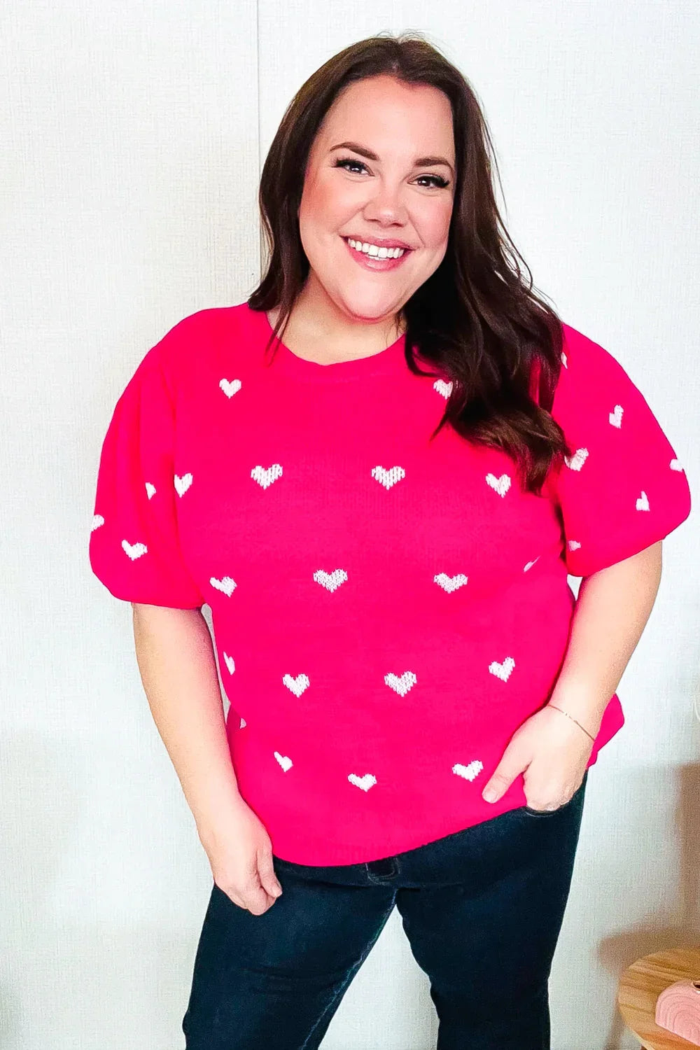 Be Mine Pink & White Heart Oversized Jacquard Sweater | Daverri Fashions