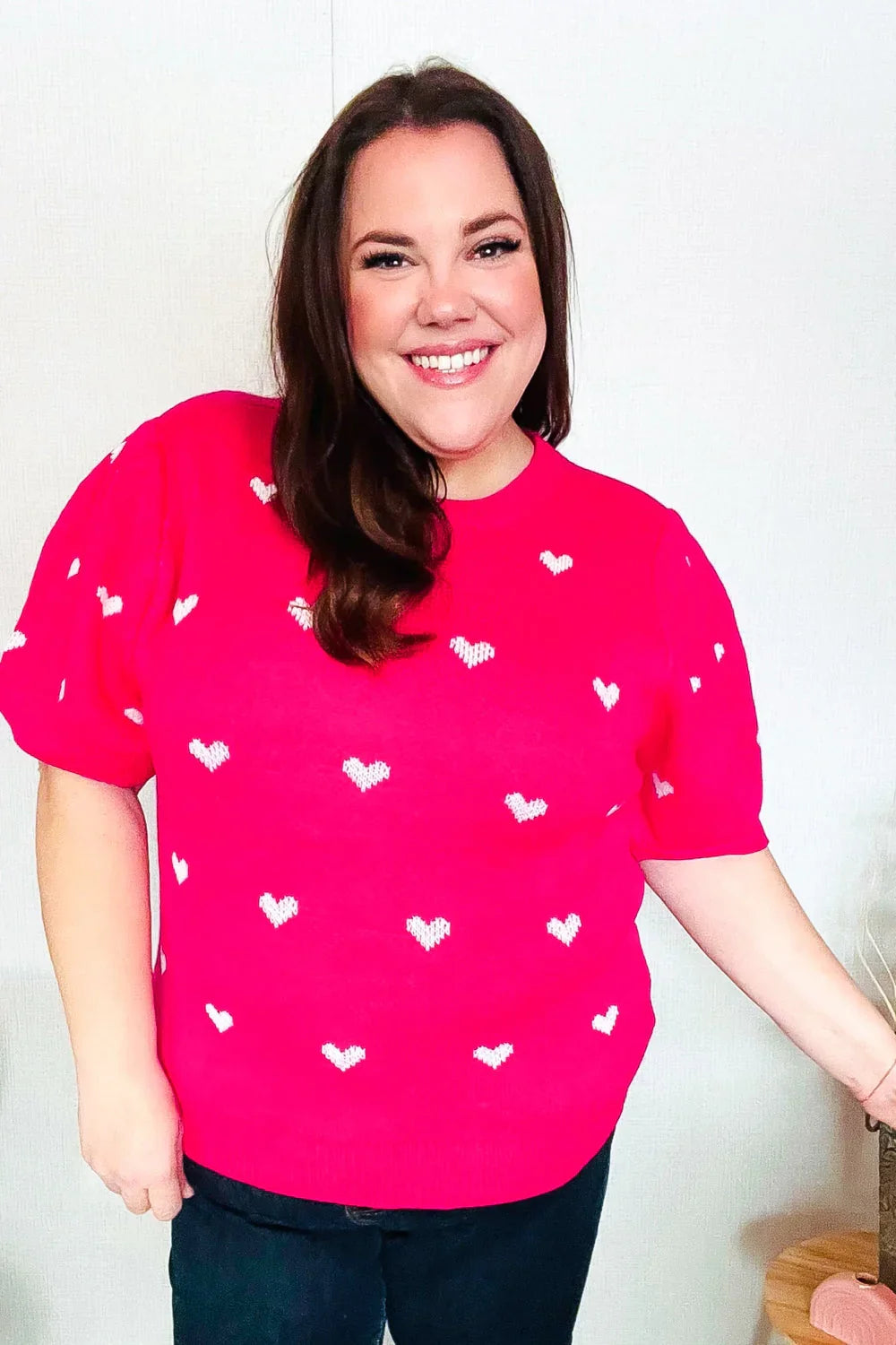 Be Mine Pink & White Heart Oversized Jacquard Sweater | Daverri Fashions