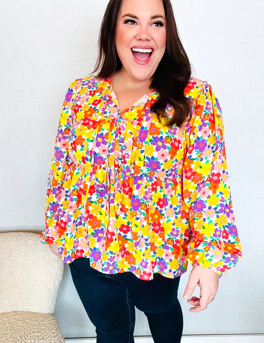 Chasing Dreams Ribbon Tie Bow Babydoll Puff Elastic Sleeve Floral Top | Daverri Fashions