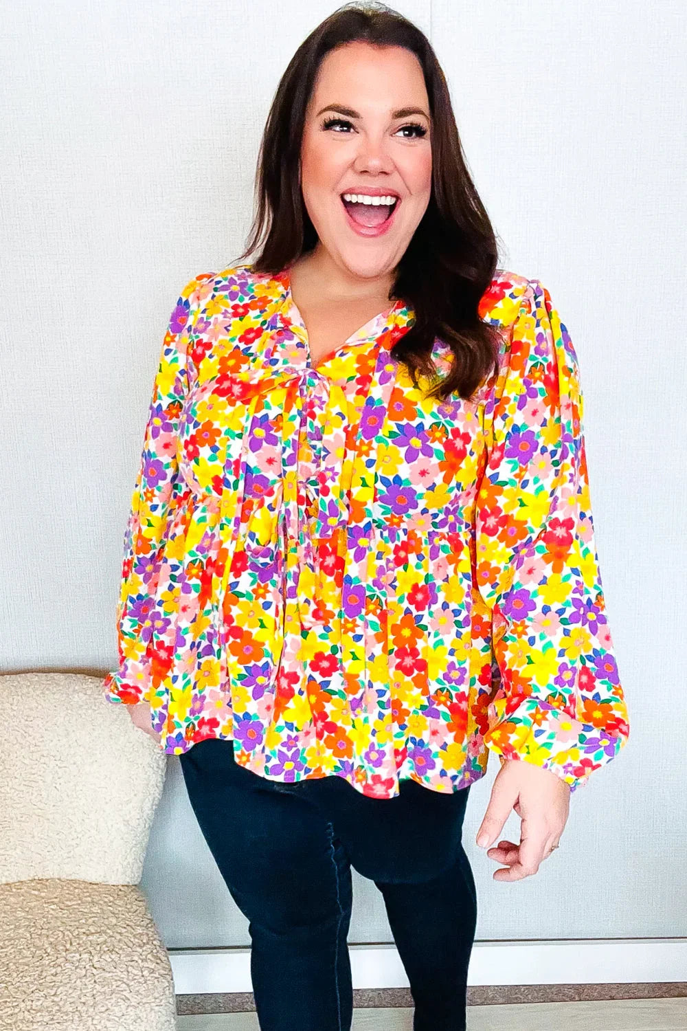 Chasing Dreams Ribbon Tie Bow Babydoll Puff Elastic Sleeve Floral Top | Daverri Fashions