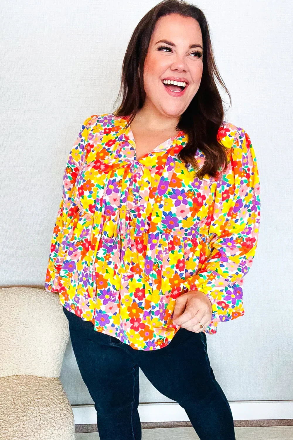 Chasing Dreams Ribbon Tie Bow Babydoll Puff Elastic Sleeve Floral Top | Daverri Fashions