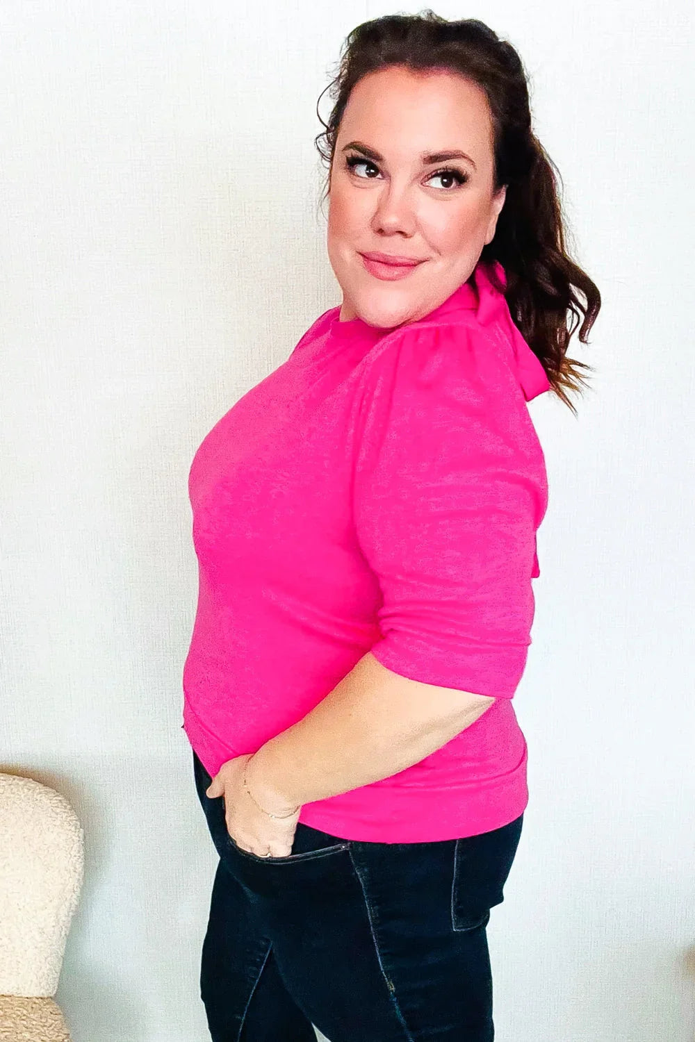 Pretty In Pink Mock Neck With Back Ribbon Bow Tie Sweater Top | Daverri Fashions