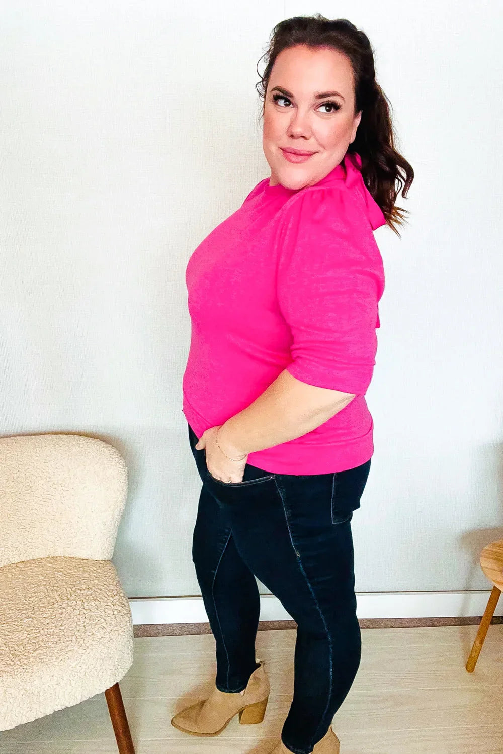 Pretty In Pink Mock Neck With Back Ribbon Bow Tie Sweater Top | Daverri Fashions