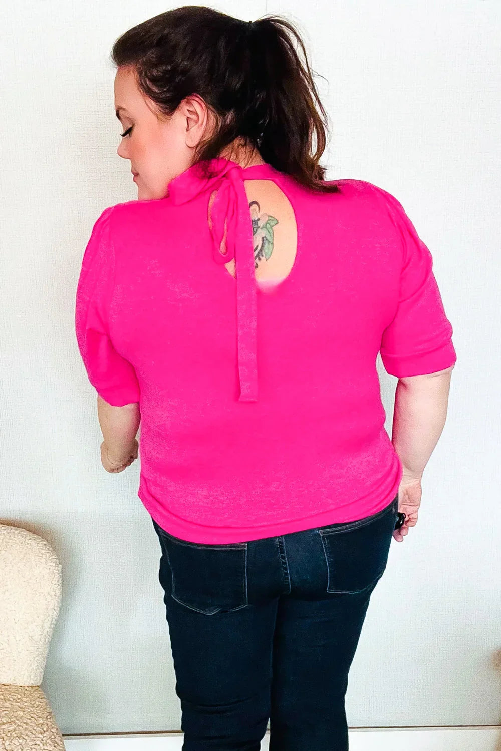 Pretty In Pink Mock Neck With Back Ribbon Bow Tie Sweater Top | Daverri Fashions