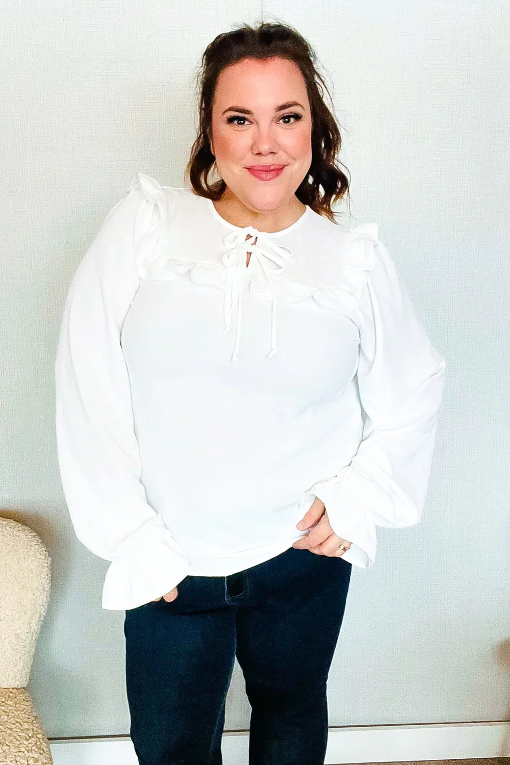 Eyes On You Ivory Ribbon Tie Bow Square Neck Ruffle Bubble Sleeve Blouse | Daverri Fashions