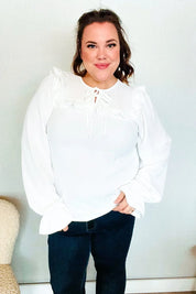 Eyes On You Ivory Ribbon Tie Bow Square Neck Ruffle Bubble Sleeve Blouse | Daverri Fashions