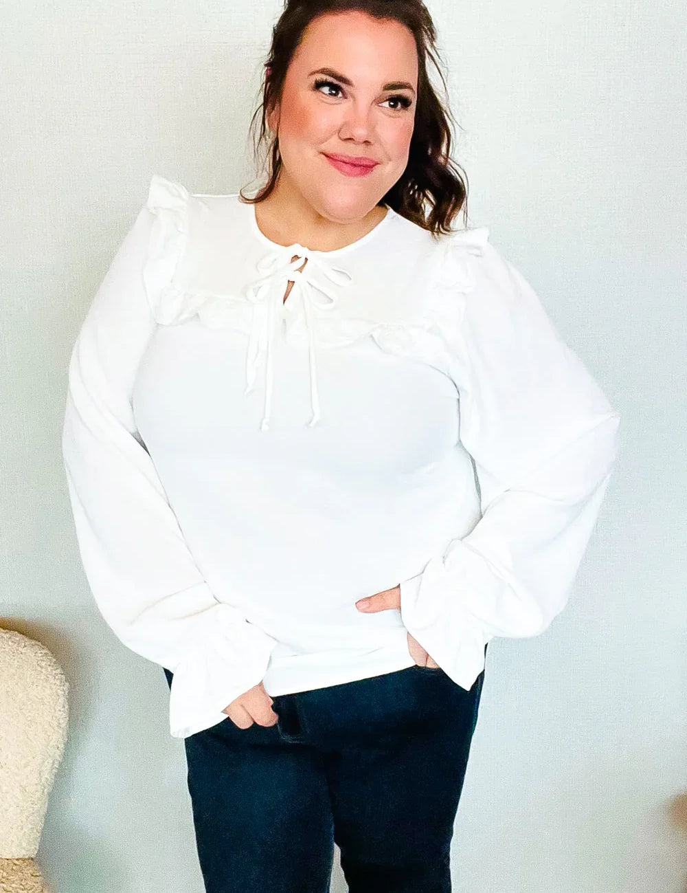 Eyes On You Ivory Ribbon Tie Bow Square Neck Ruffle Bubble Sleeve Blouse | Daverri Fashions