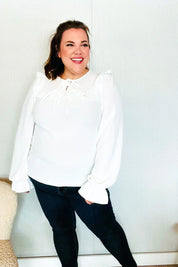 Eyes On You Ivory Ribbon Tie Bow Square Neck Ruffle Bubble Sleeve Blouse | Daverri Fashions