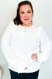 Eyes On You Ivory Ribbon Tie Bow Square Neck Ruffle Bubble Sleeve Blouse | Daverri Fashions