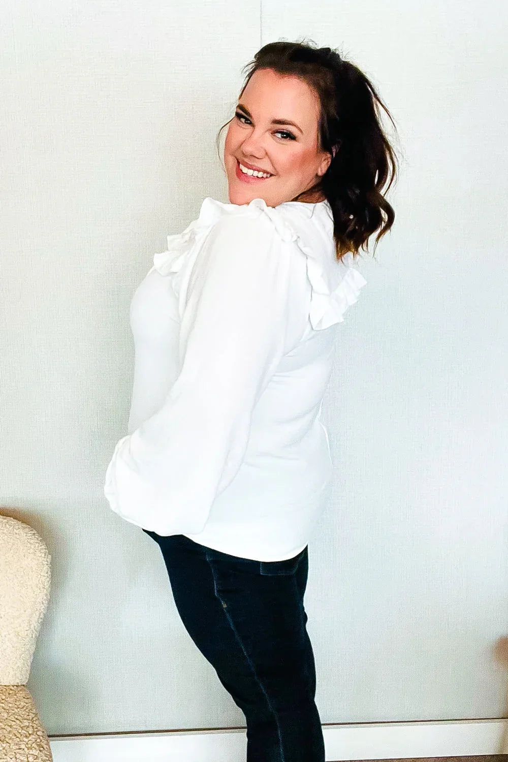 Eyes On You Ivory Ribbon Tie Bow Square Neck Ruffle Bubble Sleeve Blouse | Daverri Fashions