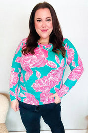 Find Love Aqua/Pink Fitted Floral Print Buttery Soft Knit Top | Daverri Fashions
