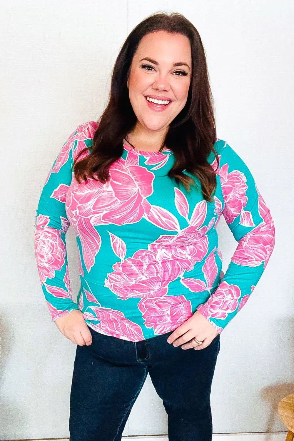 Find Love Aqua/Pink Fitted Floral Print Buttery Soft Knit Top | Daverri Fashions