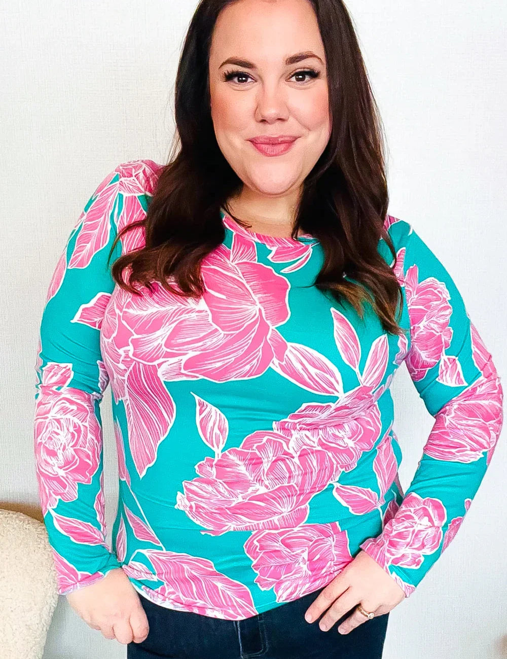 Pink Fitted Floral Print Buttery Soft Knit Top | Daverri Fashions