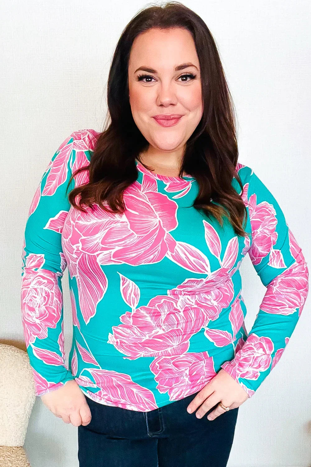 Find Love Aqua/Pink Fitted Floral Print Buttery Soft Knit Top | Daverri Fashions