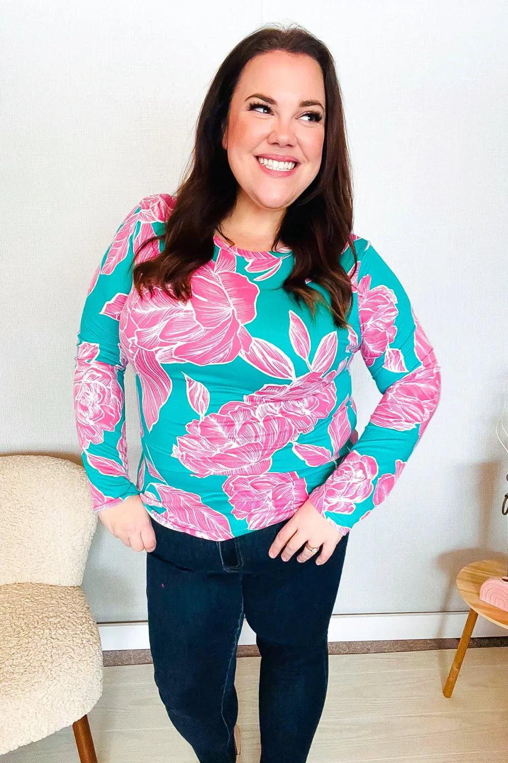 Find Love Aqua/Pink Fitted Floral Print Buttery Soft Knit Top | Daverri Fashions