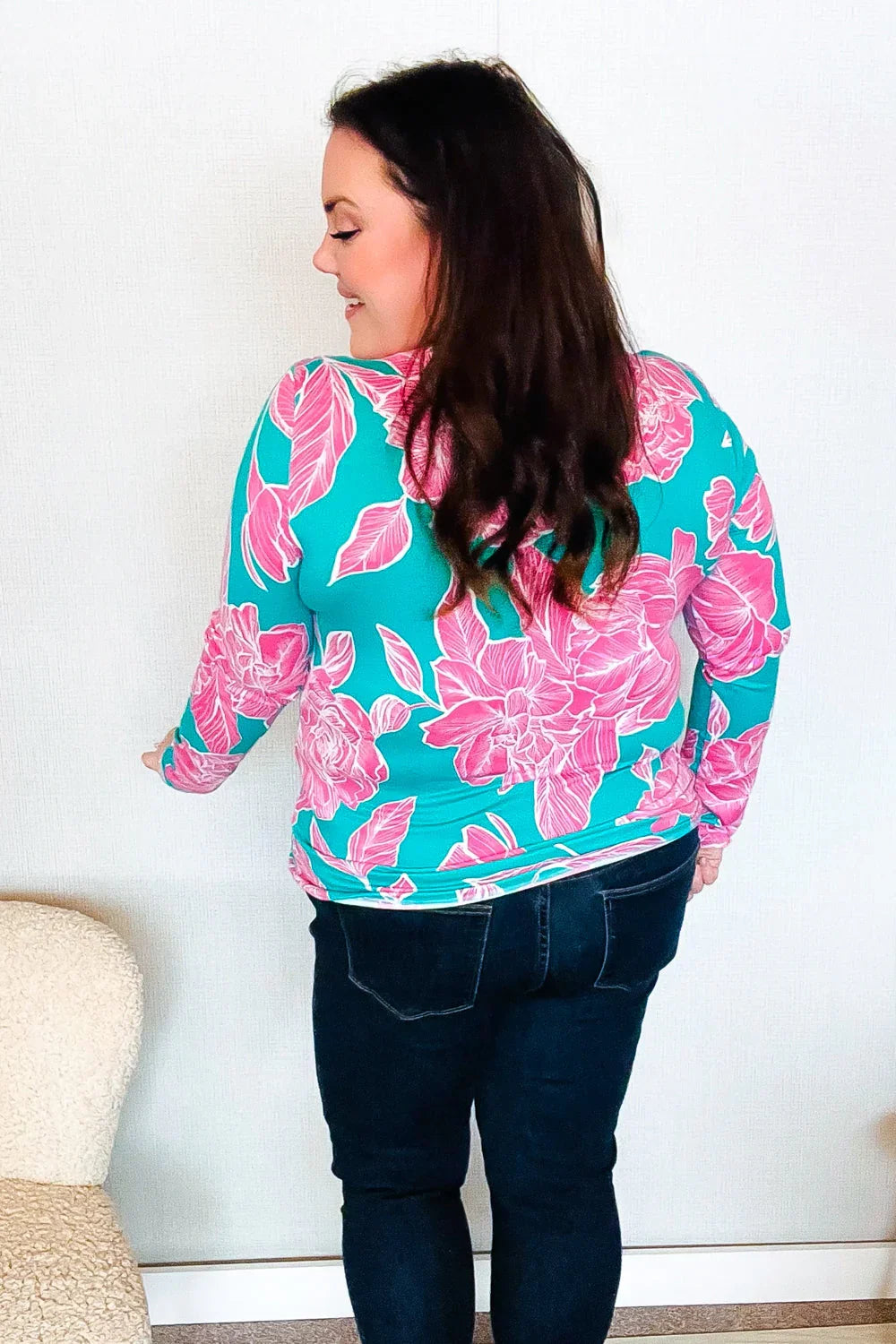 Find Love Aqua/Pink Fitted Floral Print Buttery Soft Knit Top | Daverri Fashions