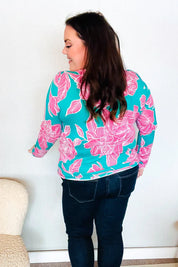 Find Love Aqua/Pink Fitted Floral Print Buttery Soft Knit Top | Daverri Fashions