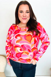 Find Love Red/Pink Fitted Floral Print Buttery Soft Knit Top | Daverri Fashions