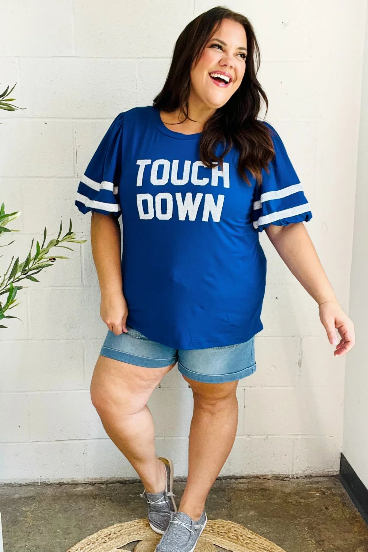 Stand Out Blue "TOUCHDOWN" Sequin Bubble Sleeve Game Day Top | Daverri Fashions