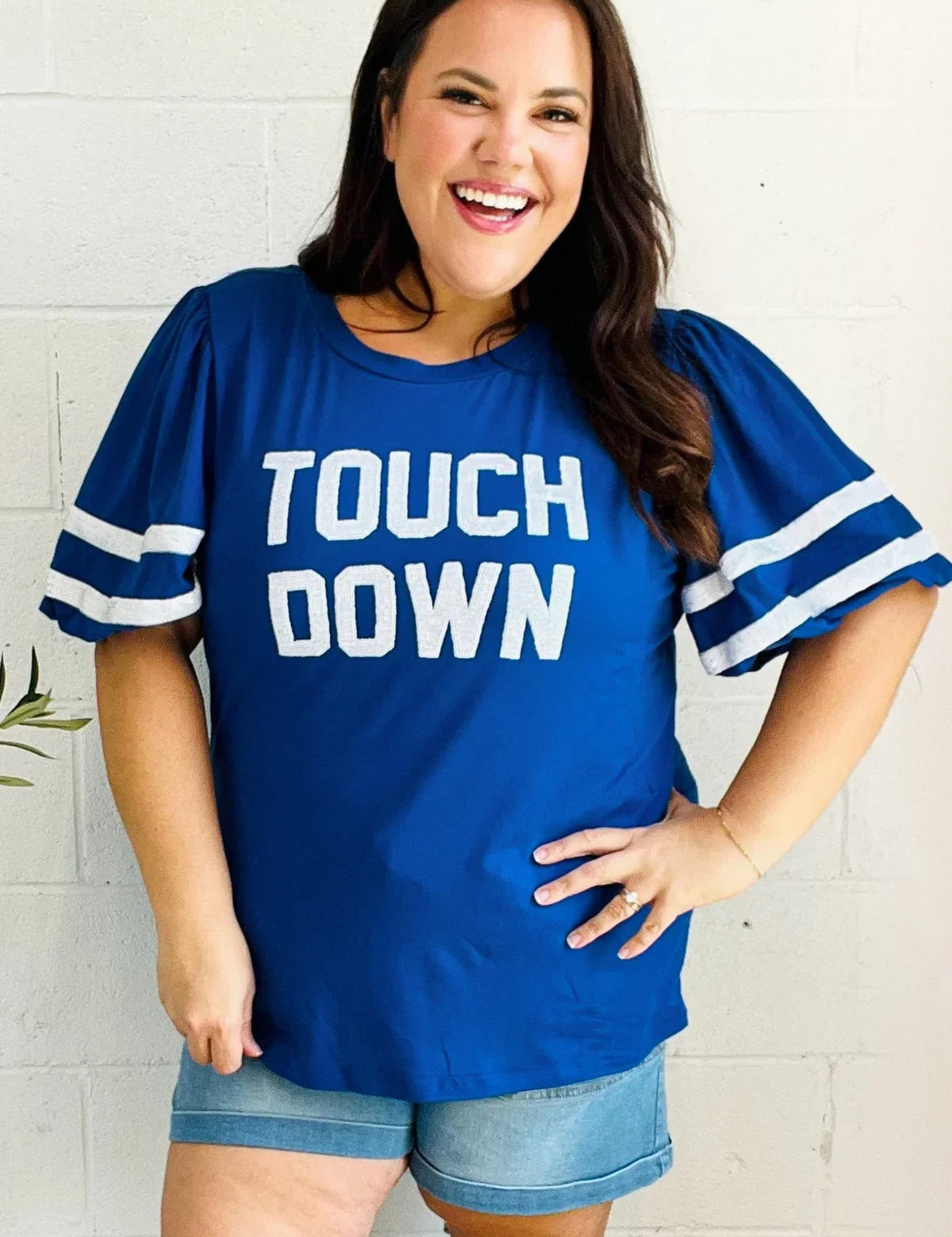 Stand Out Blue "TOUCHDOWN" Sequin Bubble Sleeve Game Day Top | Daverri Fashions