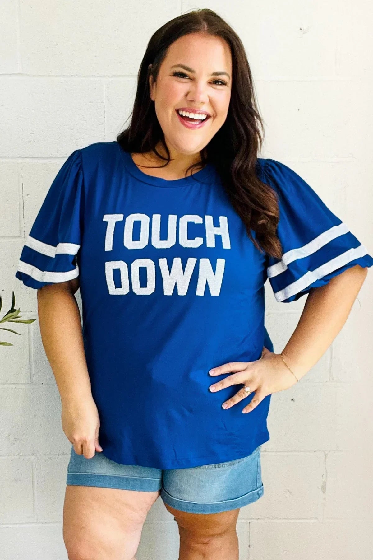 Stand Out Blue "TOUCHDOWN" Sequin Bubble Sleeve Game Day Top | Daverri Fashions