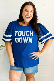 Stand Out Blue "TOUCHDOWN" Sequin Bubble Sleeve Game Day Top | Daverri Fashions