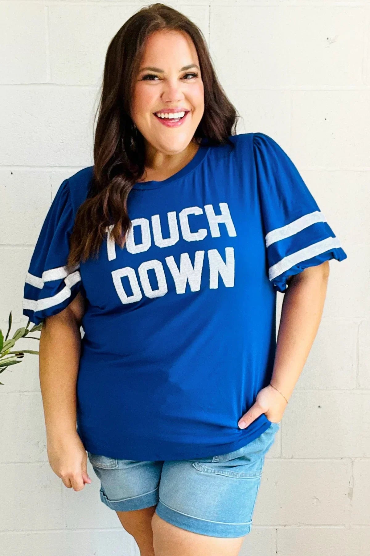 Stand Out Blue "TOUCHDOWN" Sequin Bubble Sleeve Game Day Top | Daverri Fashions