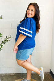 Stand Out Blue "TOUCHDOWN" Sequin Bubble Sleeve Game Day Top | Daverri Fashions