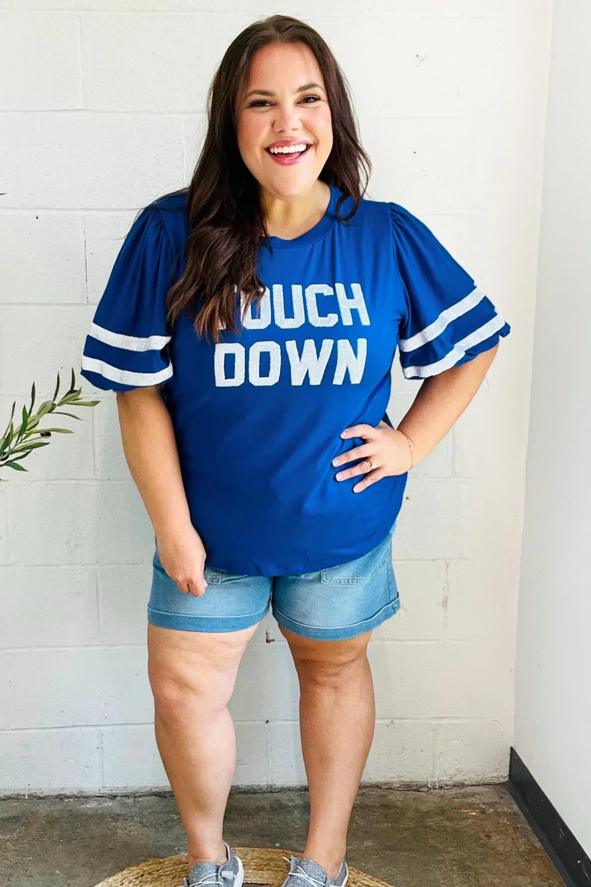 Stand Out Blue "TOUCHDOWN" Sequin Bubble Sleeve Game Day Top | Daverri Fashions