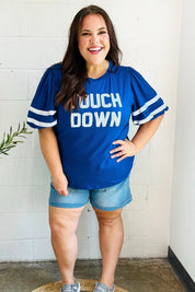 Stand Out Blue "TOUCHDOWN" Sequin Bubble Sleeve Game Day Top | Daverri Fashions