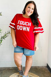 Stand Out Red "TOUCHDOWN" Sequin Bubble Sleeve Game Day Top | Daverri Fashions