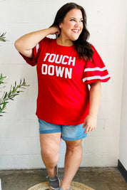 Stand Out Red "TOUCHDOWN" Sequin Bubble Sleeve Game Day Top | Daverri Fashions
