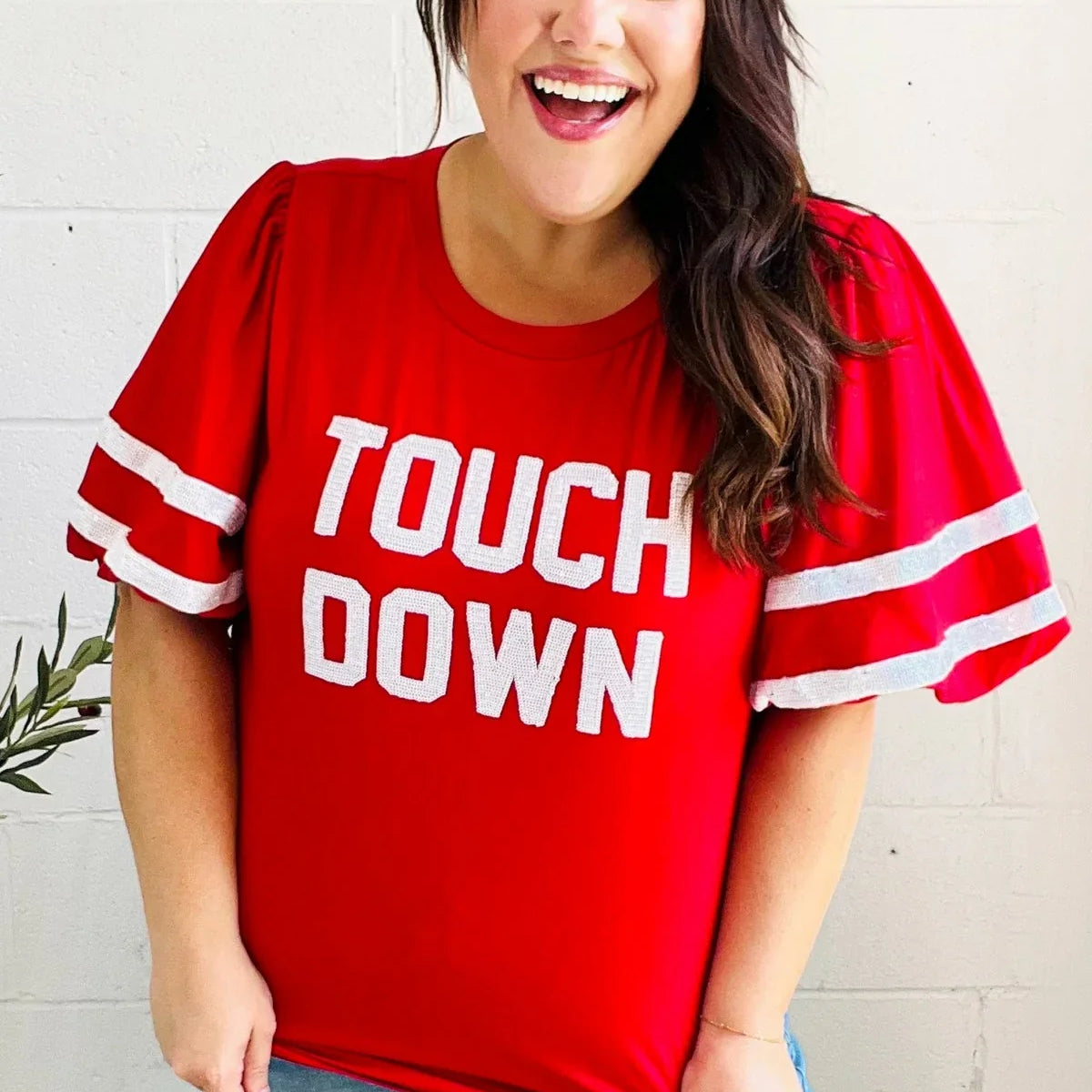 Stand Out Red "TOUCHDOWN" Sequin Bubble Sleeve Game Day Top | Daverri Fashions