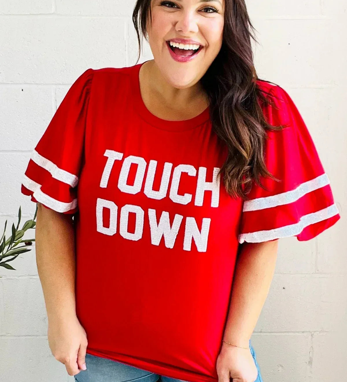 Stand Out Red "TOUCHDOWN" Sequin Bubble Sleeve Game Day Top - DAVERRI FASHIONS