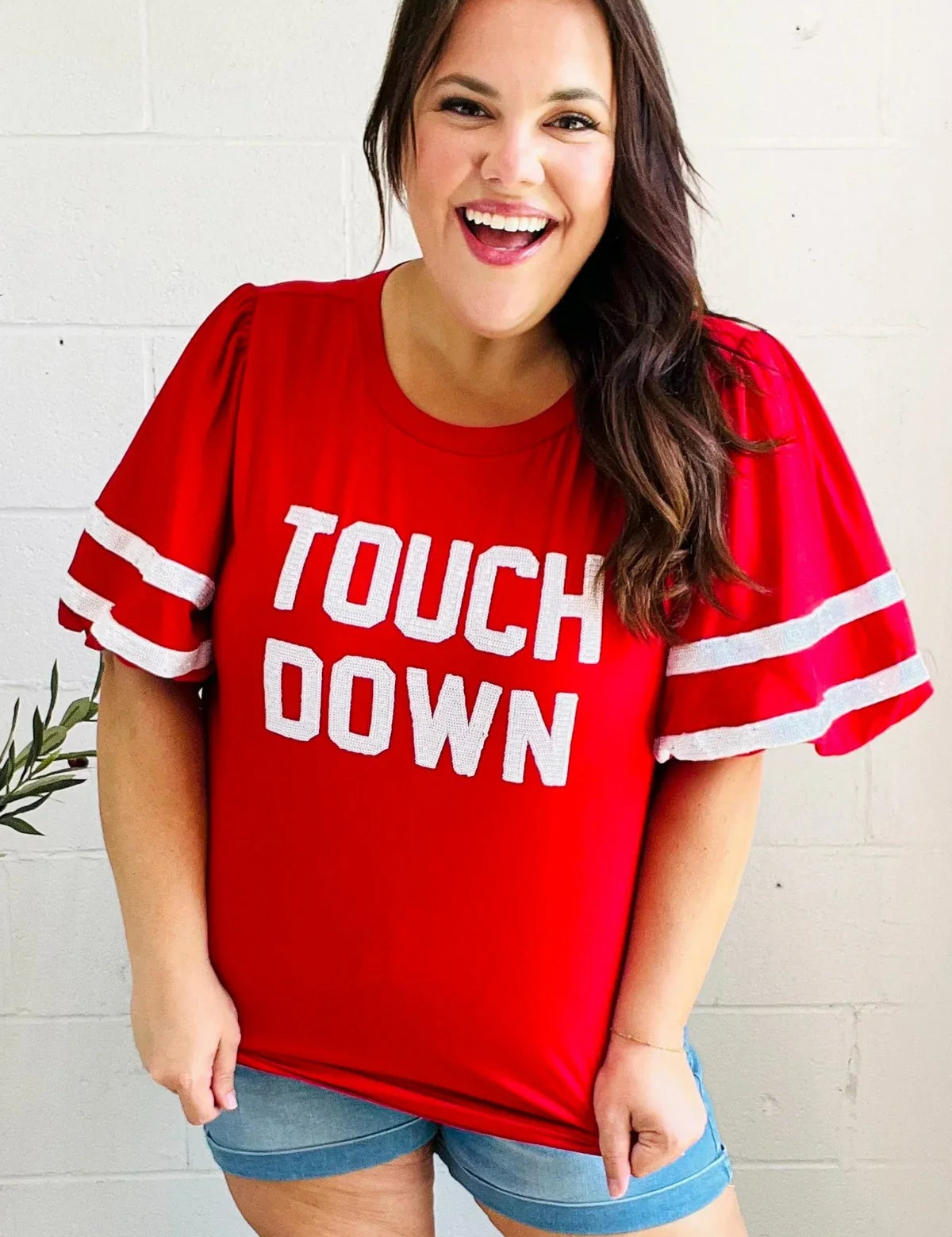 Stand Out Red "TOUCHDOWN" Sequin Bubble Sleeve Game Day Top | Daverri Fashions