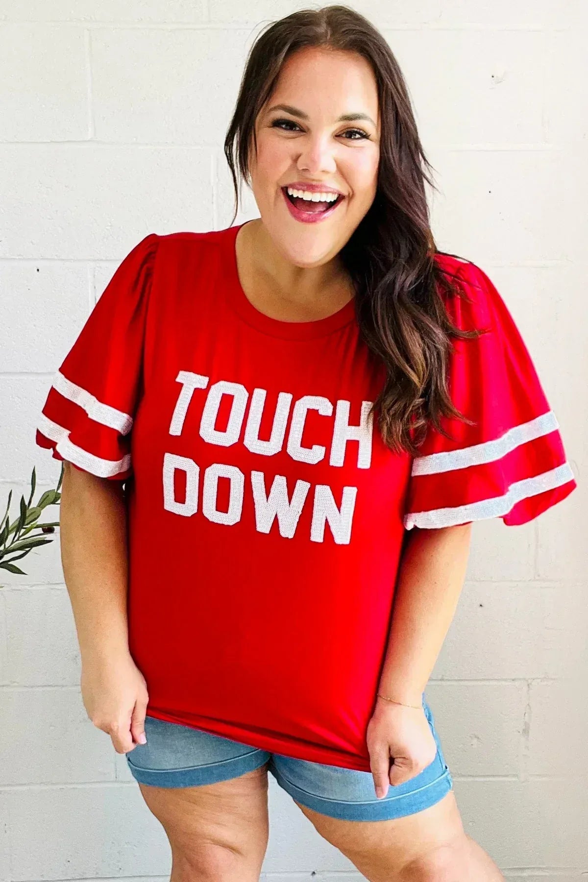 Stand Out Red "TOUCHDOWN" Sequin Bubble Sleeve Game Day Top - DAVERRI FASHIONS