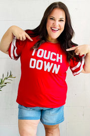 Stand Out Red "TOUCHDOWN" Sequin Bubble Sleeve Game Day Top | Daverri Fashions