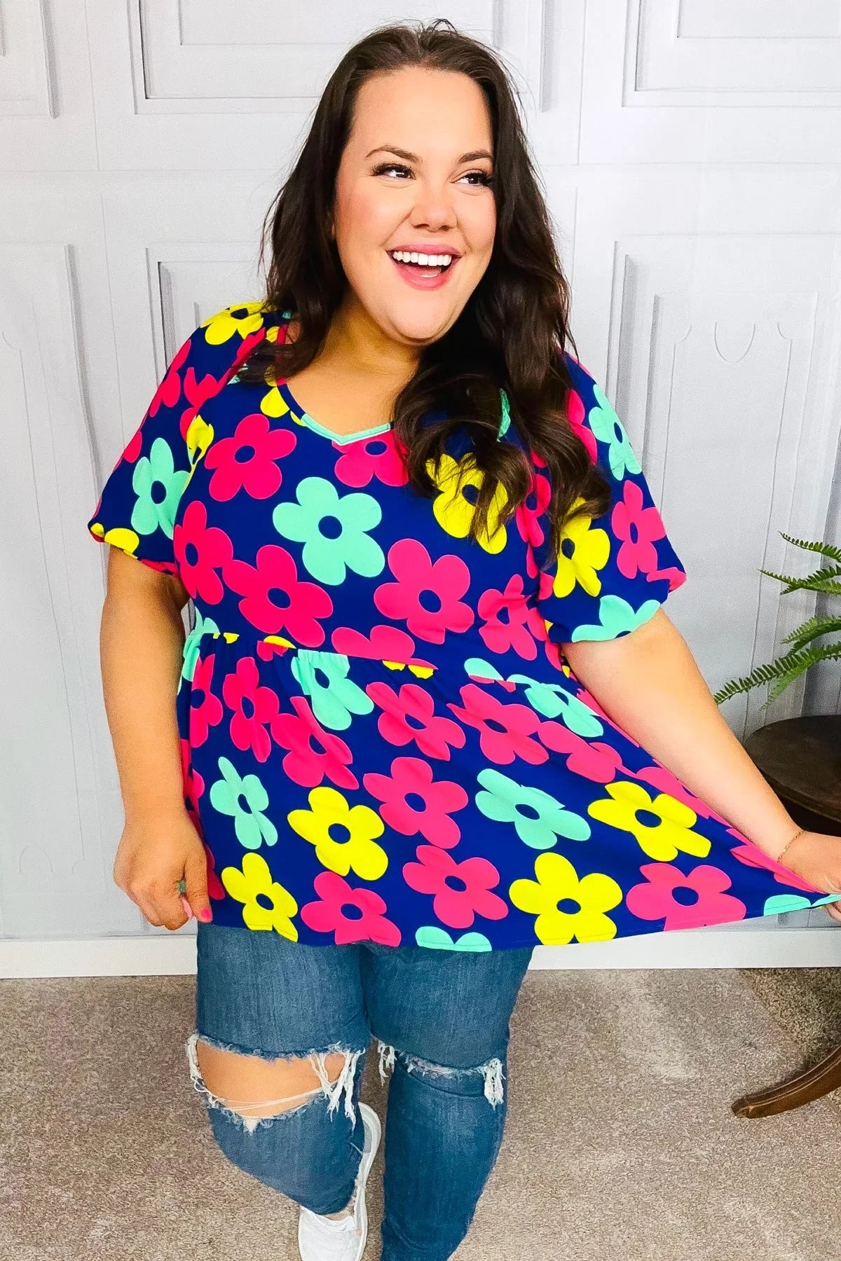 Sunny Days Navy Flat Floral Bubble Sleeve Babydoll Top | Daverri Fashions