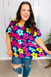 Sunny Days Navy Flat Floral Bubble Sleeve Babydoll Top | Daverri Fashions