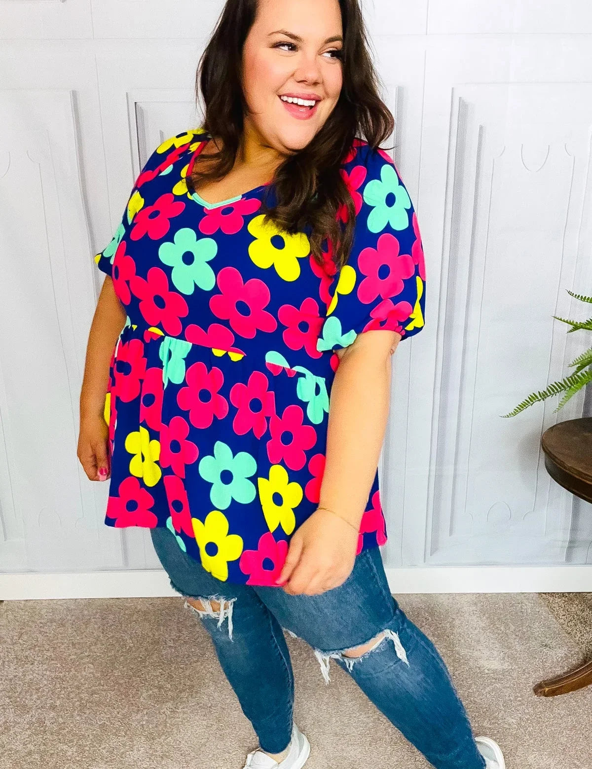 Sunny Days Navy Flat Floral Bubble Sleeve Babydoll Top | Daverri Fashions