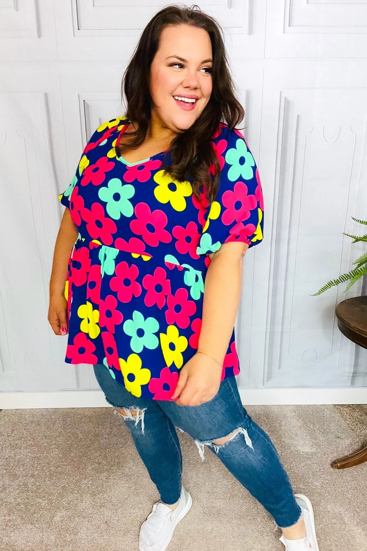 Sunny Days Navy Flat Floral Bubble Sleeve Babydoll Top | Daverri Fashions