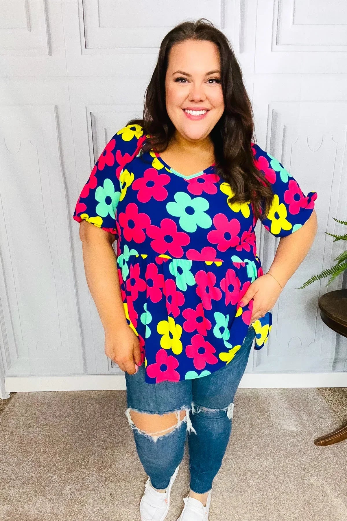 Sunny Days Navy Flat Floral Bubble Sleeve Babydoll Top | Daverri Fashions