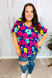 Sunny Days Navy Flat Floral Bubble Sleeve Babydoll Top | Daverri Fashions