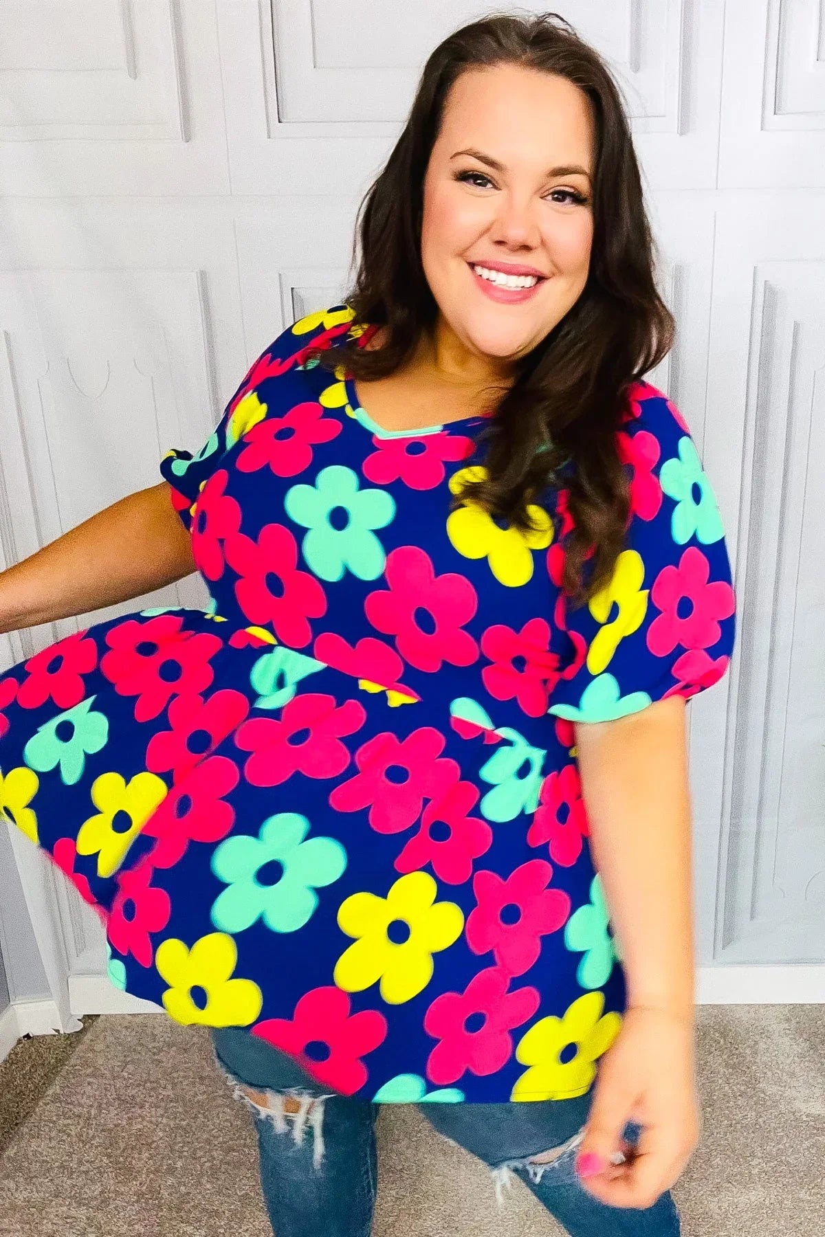 Sunny Days Navy Flat Floral Bubble Sleeve Babydoll Top | Daverri Fashions